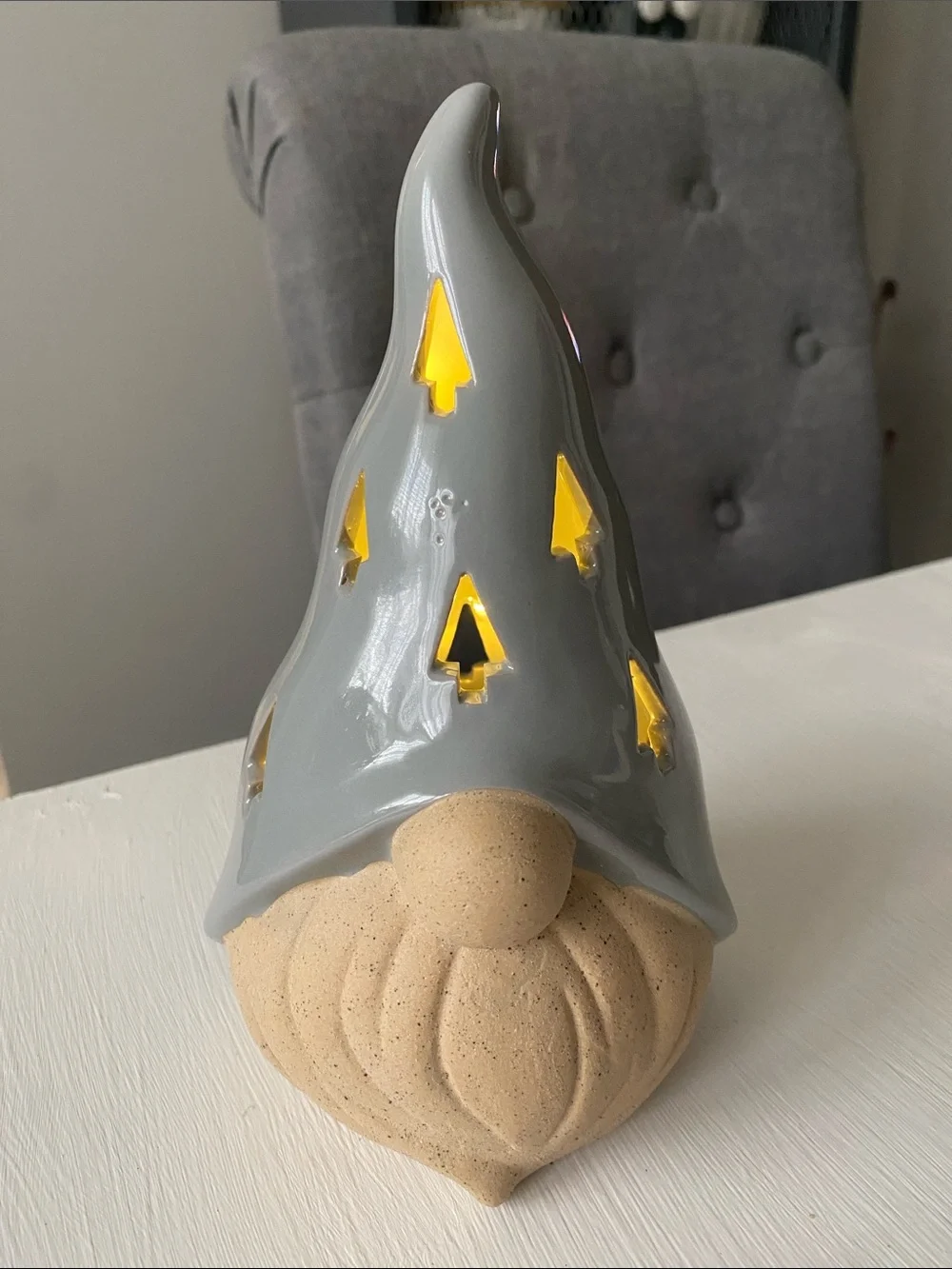 Ceramic Gnome Figurine Lantern - Gray Hat, Sand Beard - Christmas Light